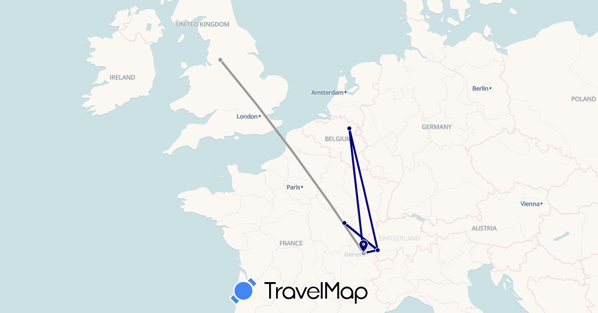 TravelMap itinerary: driving, plane in Belgium, Switzerland, France, United Kingdom (Europe)